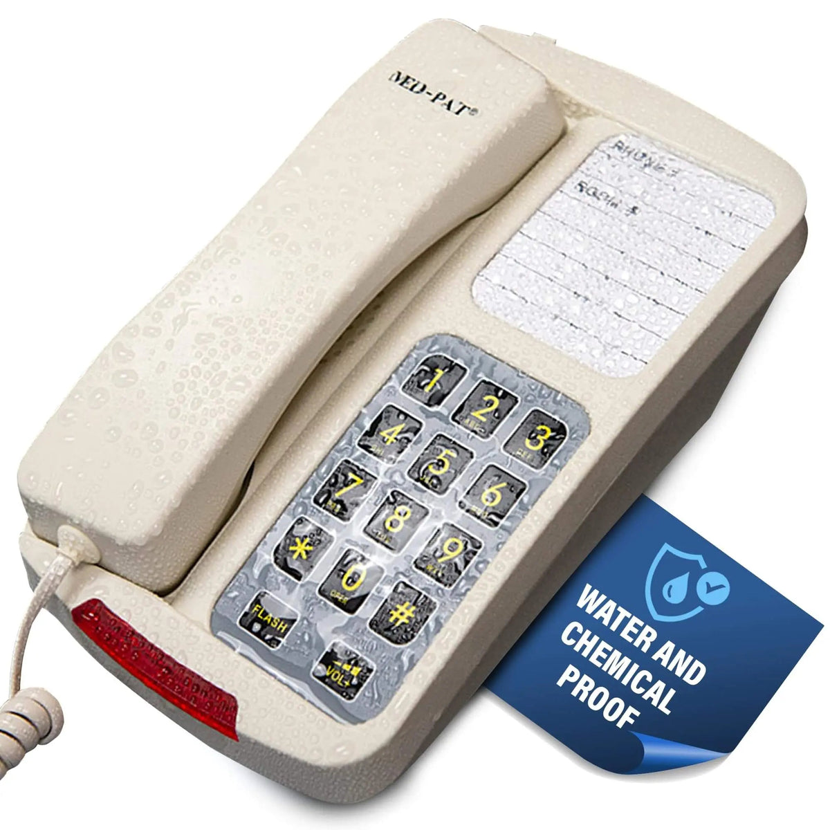 Black Med-Pat D8WP waterproof landline phone with oversized buttons, ring light, and volume control for hospitals and wet areas.