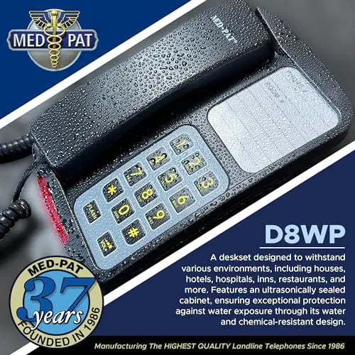 MedPat D8WP waterproof desk and wall-mountable landline phone with oversized buttons, ring light, and volume control for hospitals.