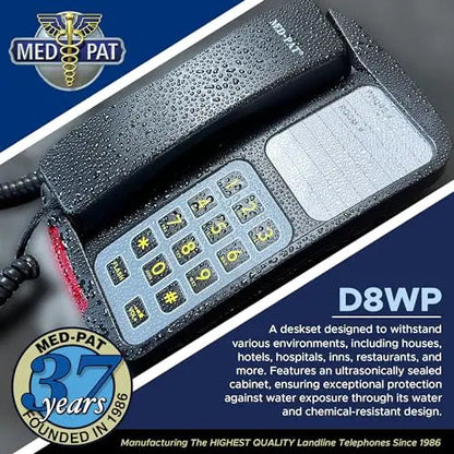 MedPat D8WP waterproof desk and wall-mountable landline phone with oversized buttons, ring light, and volume control for hospitals.