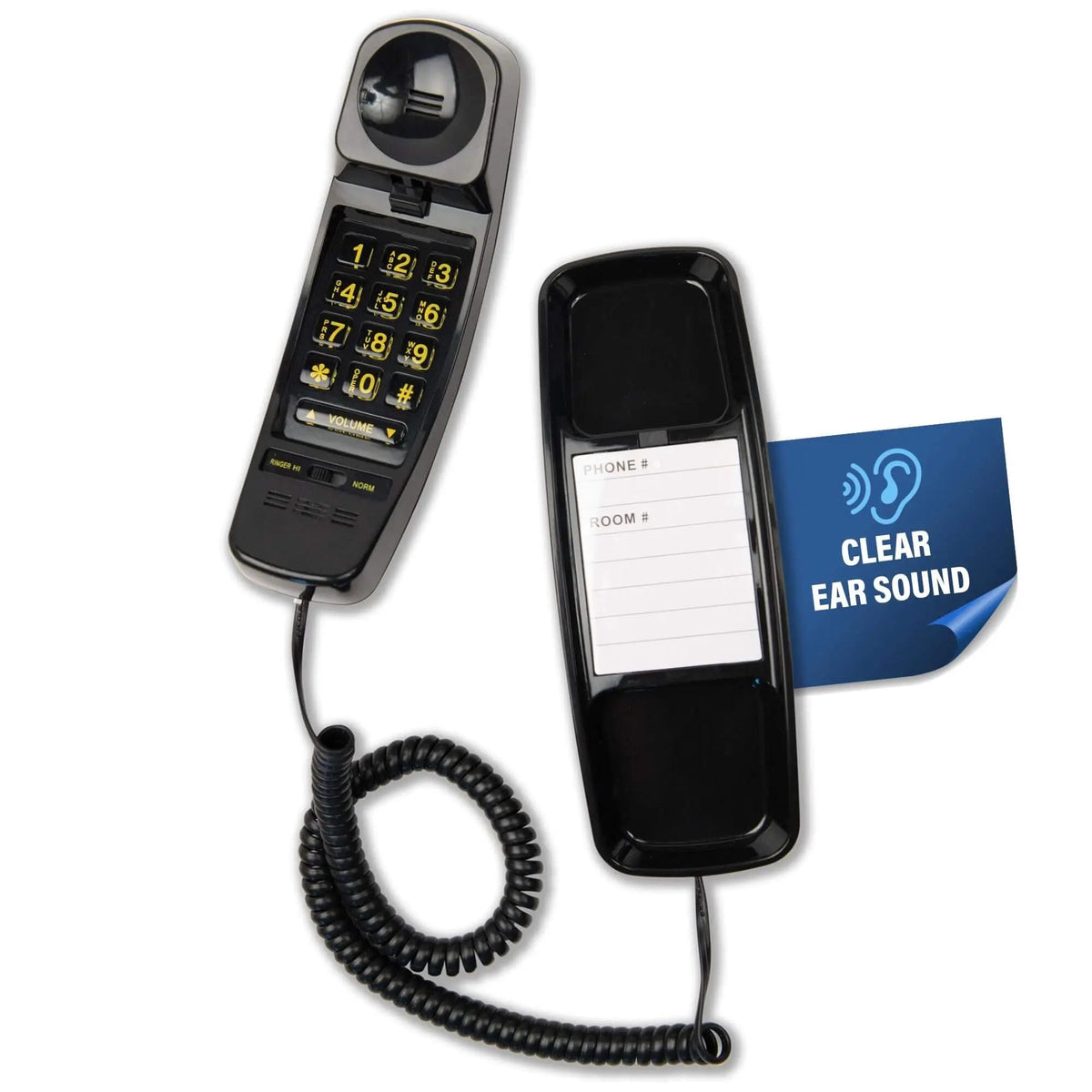 Med-Pat T-4 Classic Trimline corded landline phone with adjustable volume, wall-mountable, hearing aid compatible, black color.