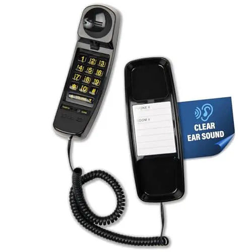 Med-Pat T-4 Classic Trimline corded landline phone with adjustable volume and hearing aid compatibility, wall-mountable for seniors.