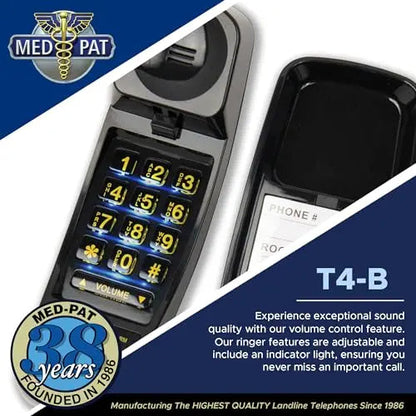 Med-Pat T-4 Classic Trimline corded landline phone with adjustable volume, wall-mountable, hearing aid compatible, black design