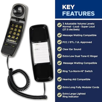 Med-Pat T-4 Classic Trimline corded landline phone with adjustable volume, wall-mountable, hearing aid compatible for seniors.