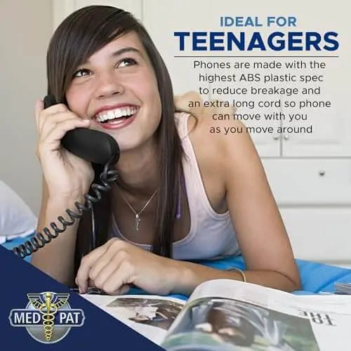 Med-Pat T-4 Classic Trimline Corded Landline Phone with adjustable volume and hearing aid compatibility, wall-mountable for seniors.