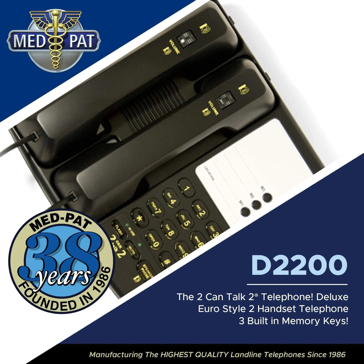 Med-Pat D2200 dual-handset landline phone with memory keys and enhanced volume, ideal for office communication.