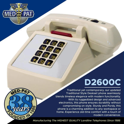 Med-Pat D2600C Retro Corded Desk Phone in beige with volume boost and hearing aid support, ideal for landline communication.