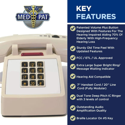 Med-Pat D2600C retro corded desk phone in beige with volume boost and hearing aid support, classic landline phone for office use.