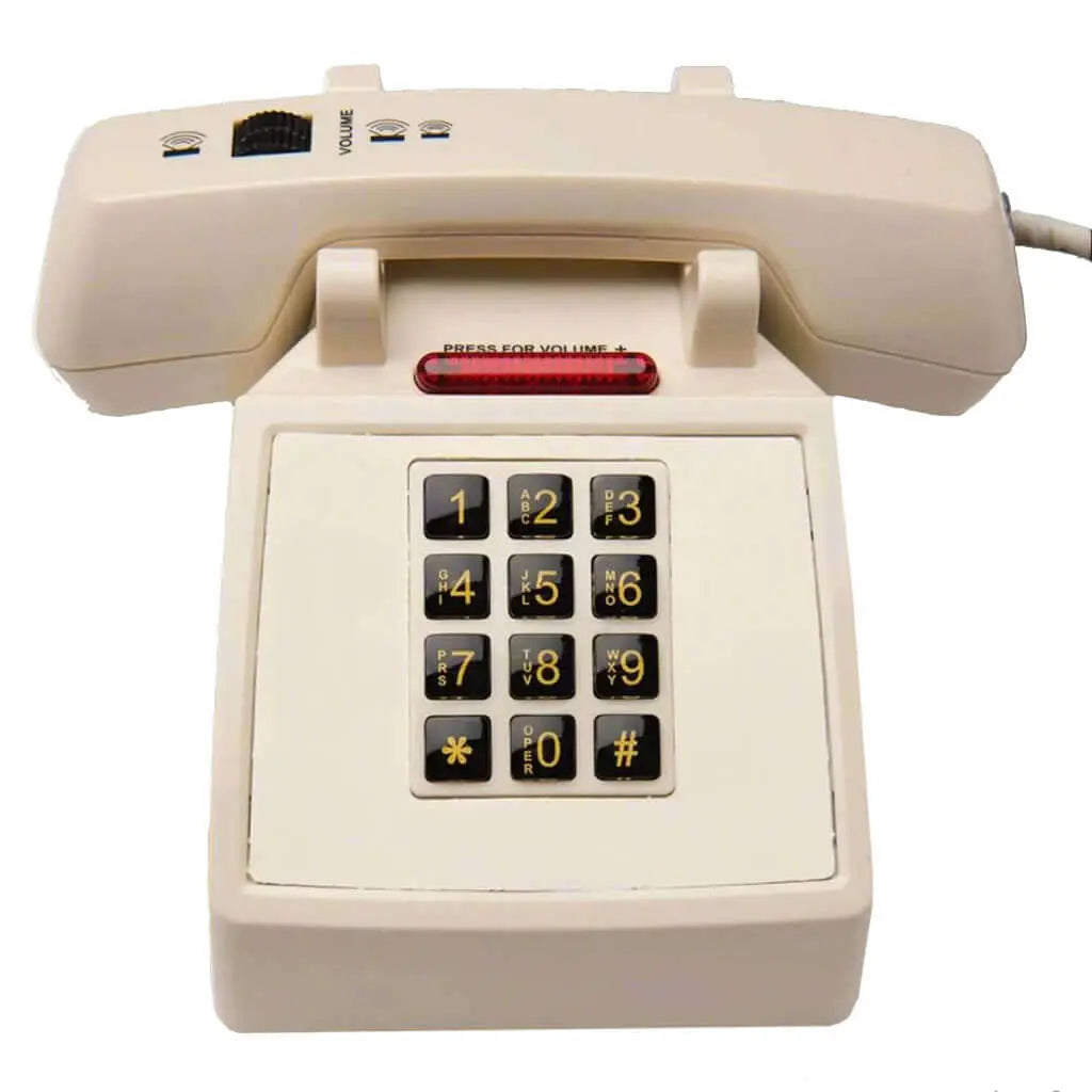Med-Pat D2600C Retro Corded Desk Phone in beige with volume boost, designed for landline use and hearing aid support.