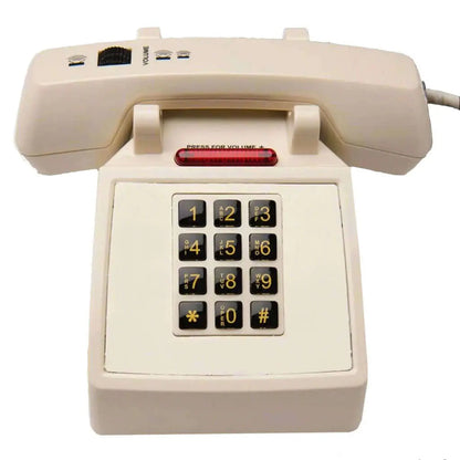 Med-Pat D2600C Retro Corded Desk Phone in beige with volume boost, designed for landline use and hearing aid support.