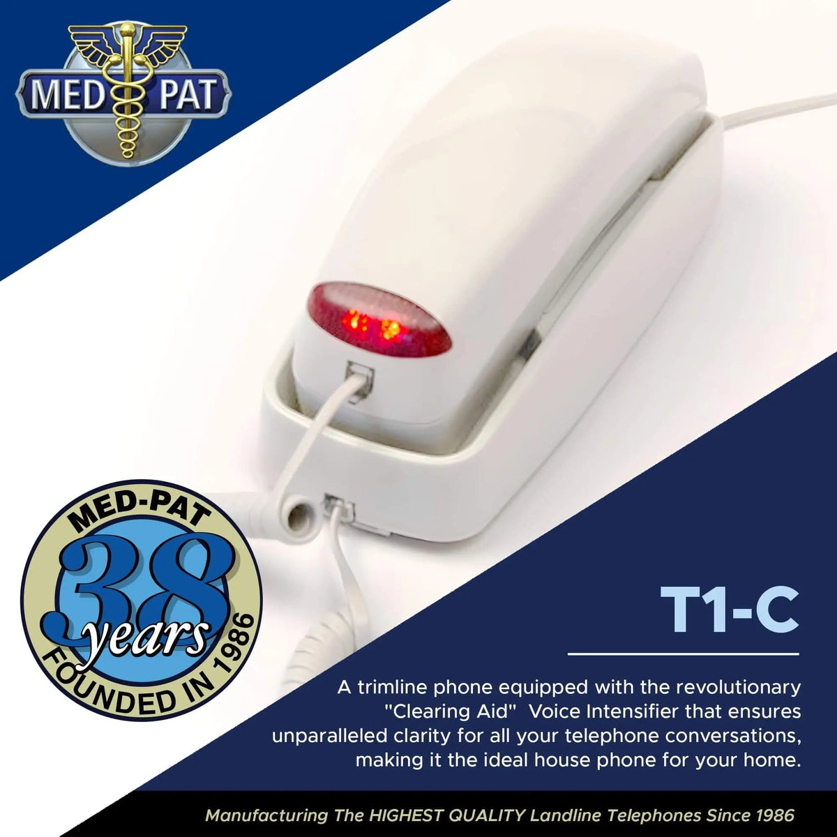Med-Pat T1C Trimline Corded Phone in dove gray, wall-mountable landline phone with hearing aid compatibility and ringing indicator.