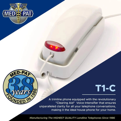 Med-Pat T1C Trimline Corded Phone in dove gray, wall-mountable landline phone with hearing aid compatibility and ringing indicator.