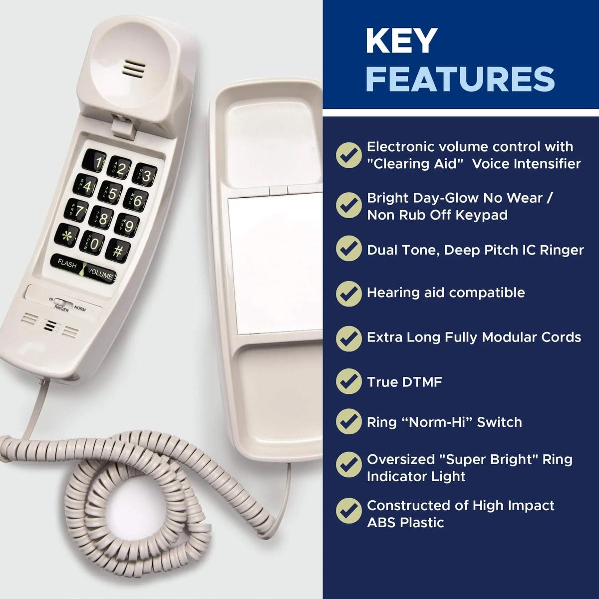 Med-Pat T1C Trimline corded landline phone in dove gray, wall-mountable, hearing aid compatible, with ringing indicator light.