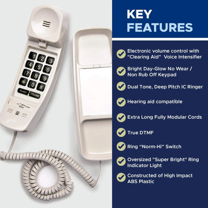 Med-Pat T1C Trimline corded landline phone in dove gray, wall-mountable, hearing aid compatible, with ringing indicator light.