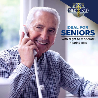 Med-Pat T1C Trimline corded landline phone in dove gray with wall-mount, hearing aid compatibility, and ringing indicator.