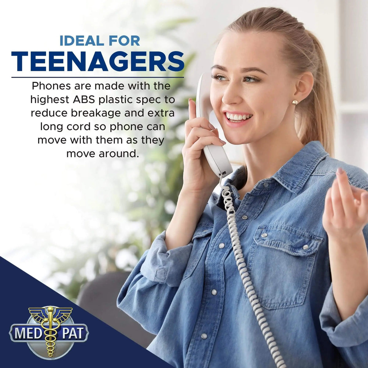 Med-Pat T1C Trimline corded landline phone in dove gray, wall-mountable, hearing aid compatible, with ring indicator in use.