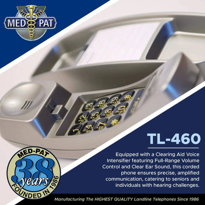 MedPat TL-460 Trimline landline phone with wall mount, volume boost, and lighted ring for seniors, shown on a desk.