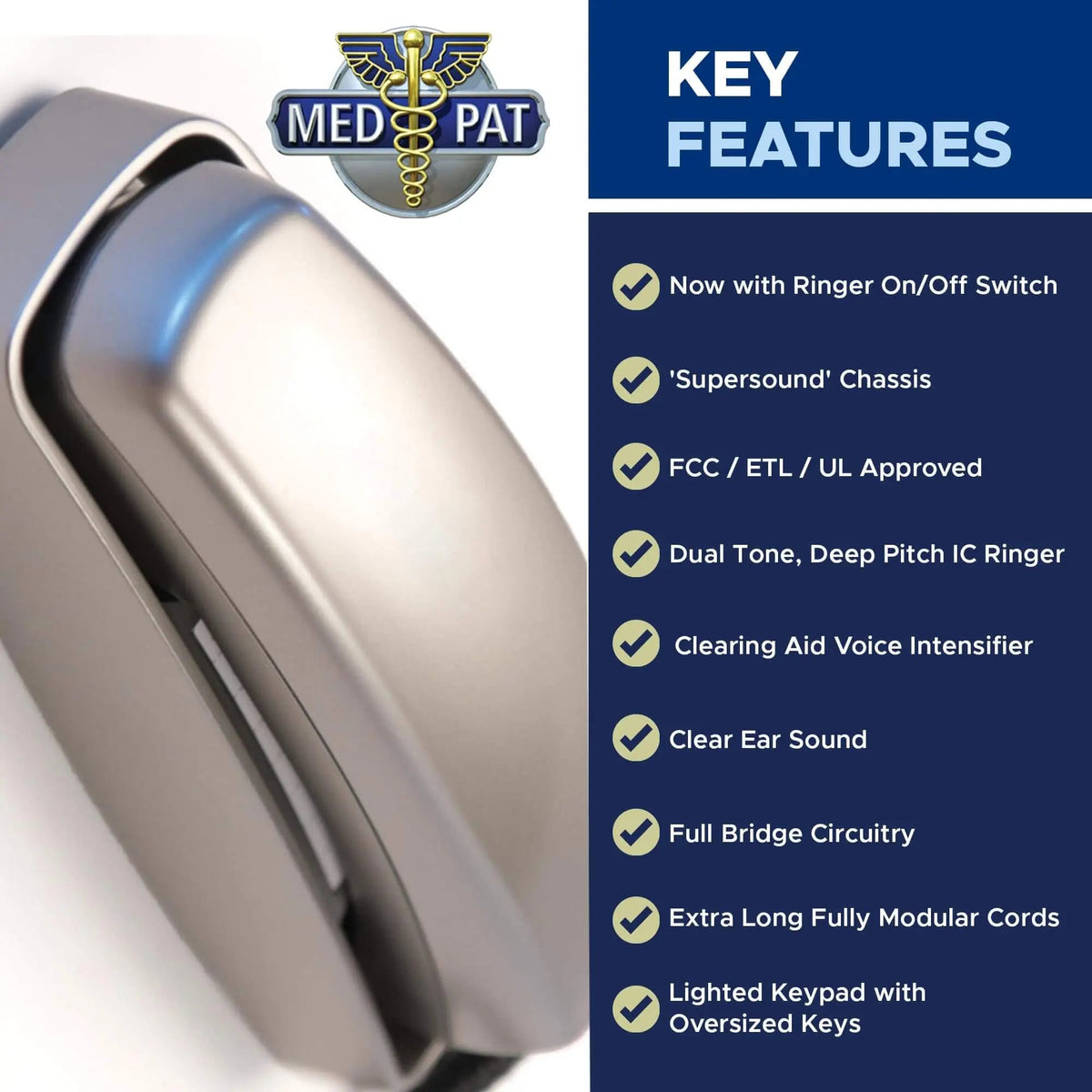 MedPat TL-460 Trimline landline phone with wall mount, volume boost, and lighted ring for seniors, featuring large buttons and clear display.