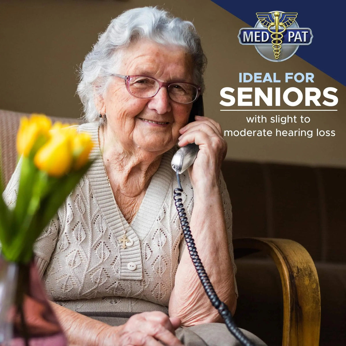 Med-Pat TL-460 Trimline landline phone with wall mount, volume boost, and lighted ring for seniors, featuring large buttons and clear display.