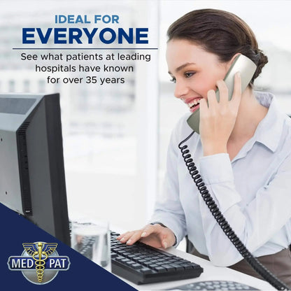 Med-Pat TL-460 Trimline landline phone with wall mount, volume boost, and lighted ring for seniors, visible buttons and handset.