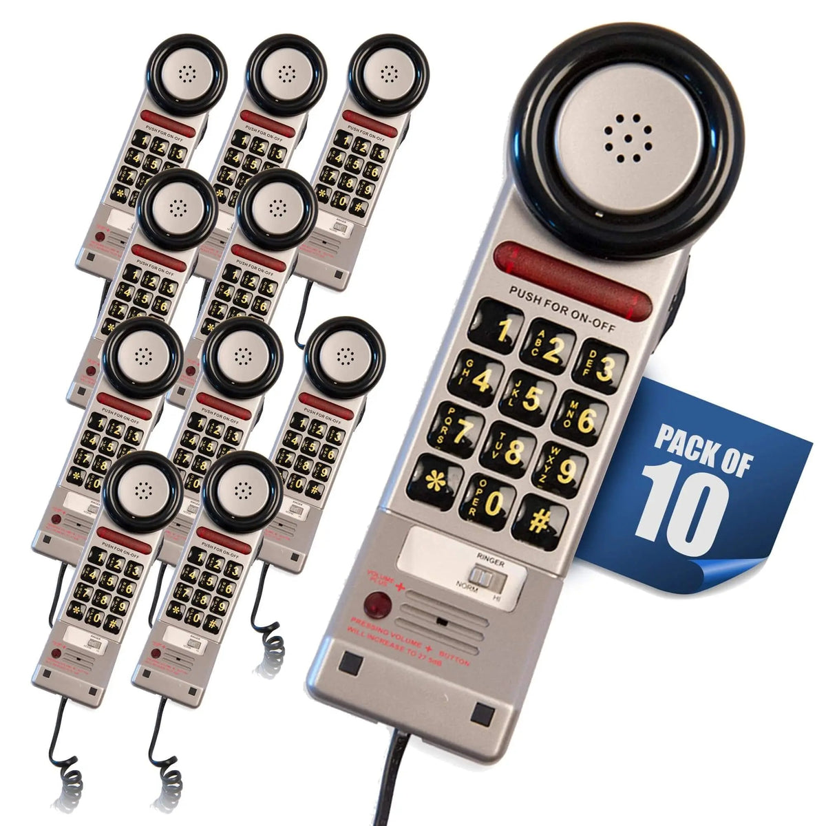 Med-Pat XL3060 Pewter landline phone with volume boost, visual ring light, and hearing aid compatibility, shown in office setting.
