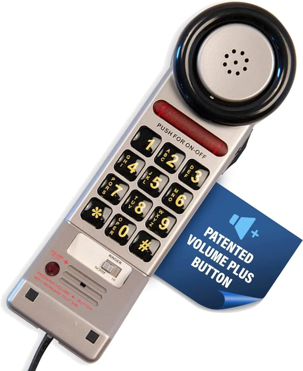 MedPat XL3060 Pewter landline phone with volume boost, visual ring light, and hearing aid compatibility.