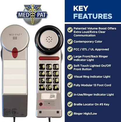 MedPat Solutions XL3060 Pewter landline phone with volume boost, visual ring light, and hearing aid compatibility.