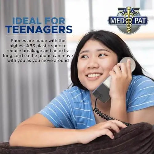 MedPat XL3060 Pewter landline phone with volume boost and visual ring light, designed for hearing aid compatibility.