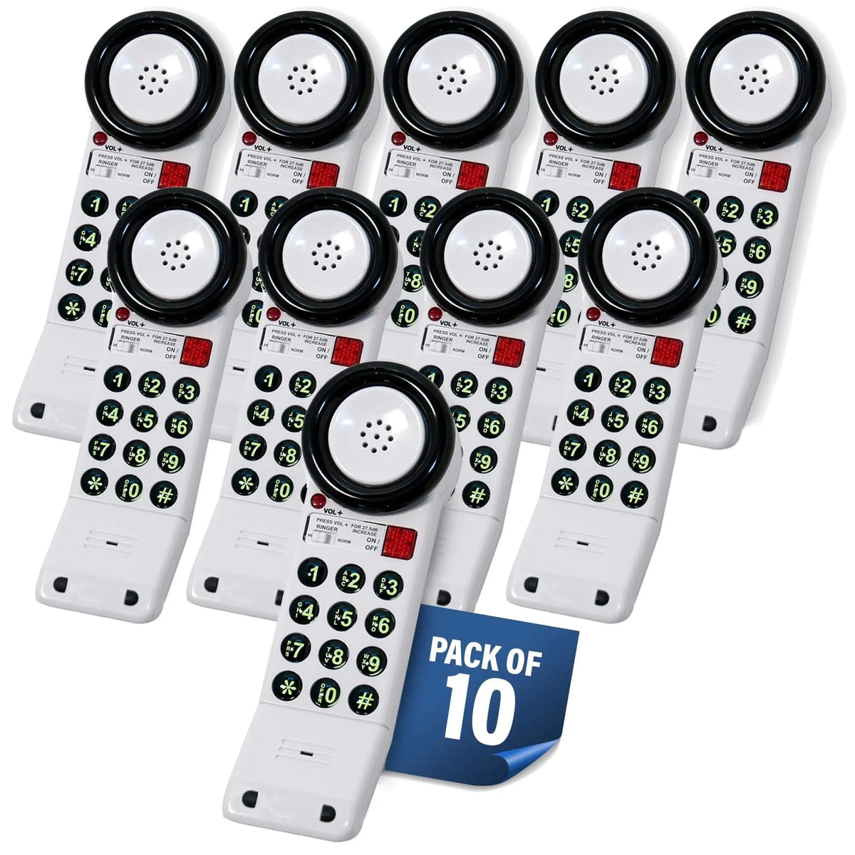 MedPat XL88Q extra-loud landline phone with visual ring, water-resistant design, and hearing aid compatibility, shown in a pack of 10.