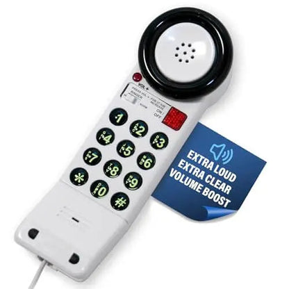 Pack of 10 MedPat XL88Q extra-loud landline phones with visual ring and water resistance, compatible with hearing aids.