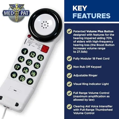 MedPat XL88Q extra-loud landline phone with visual ring and water-resistant design, compatible with hearing aids, in a pack of 10.