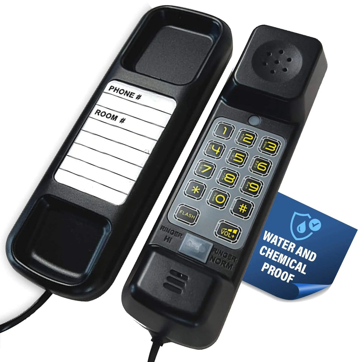 Med-Pat Waterproof Landline Phone with visual ring and volume control, black, designed for bathrooms, kitchens, and outdoor use