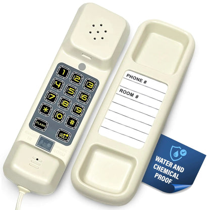 Black Med-Pat TL-WP waterproof landline phone with visual ring and volume control, ideal for bathrooms, kitchens, and outdoor use.