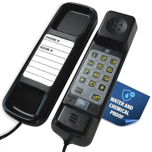 MedPat TL-WP waterproof corded landline phone with visual ring and volume control, black design for bathrooms, kitchens, or outdoor use.