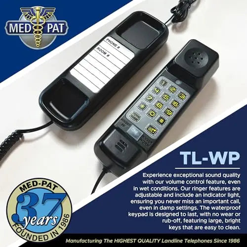 MedPat TL-WP waterproof corded landline phone with visual ring and volume control, black, designed for bathrooms, kitchens, or outdoor use.
