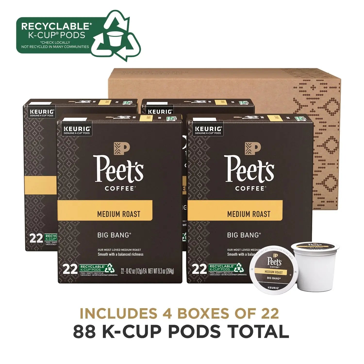 Medium Roast Coffee Pods for Keurig Machines, 88 Count (4 Boxes of 22) - Smooth Balanced Flavor - BACKUPMYFILESNOW