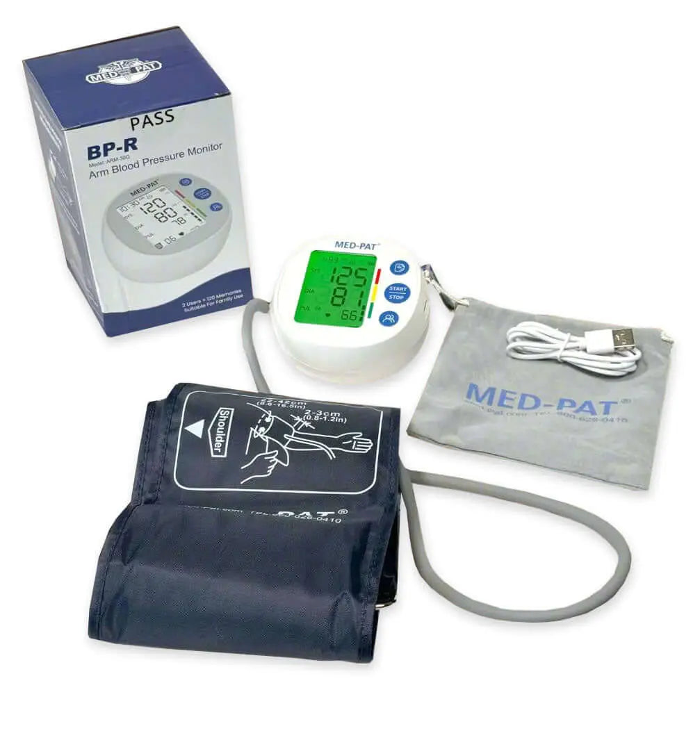 Med-Pat BP-R round digital blood pressure monitor by MedPat Solutions, showing the device with cuff and digital display.