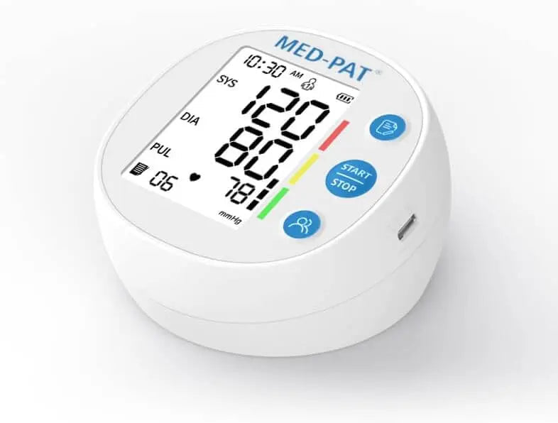 MedPat Solutions BP-R round digital blood pressure monitor displaying a cuff and digital screen for automatic BP readings.