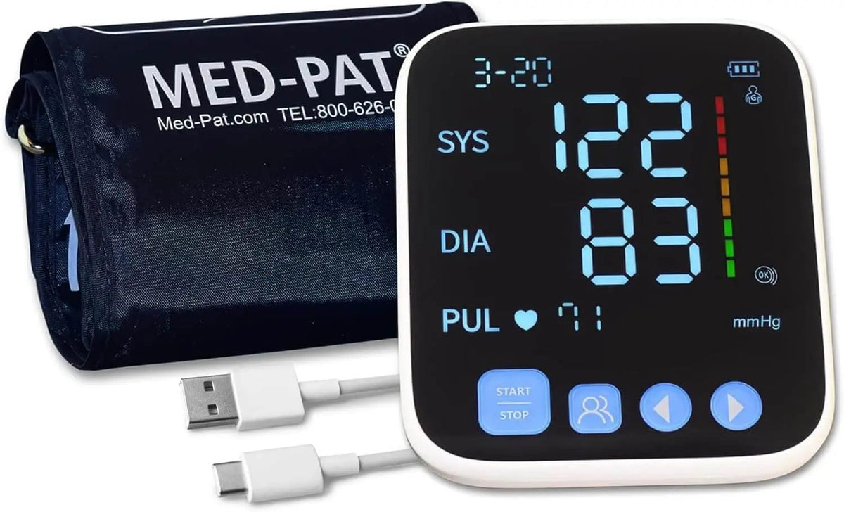Med-Pat BP-S Arm Blood Pressure Monitor with easy-to-read display, one-touch operation, and FDA clearance for reliable home health measurement.