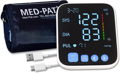 Med-Pat BP-S Arm Blood Pressure Monitor with easy-to-read display, one-touch operation, and FDA clearance for reliable home health measurement.