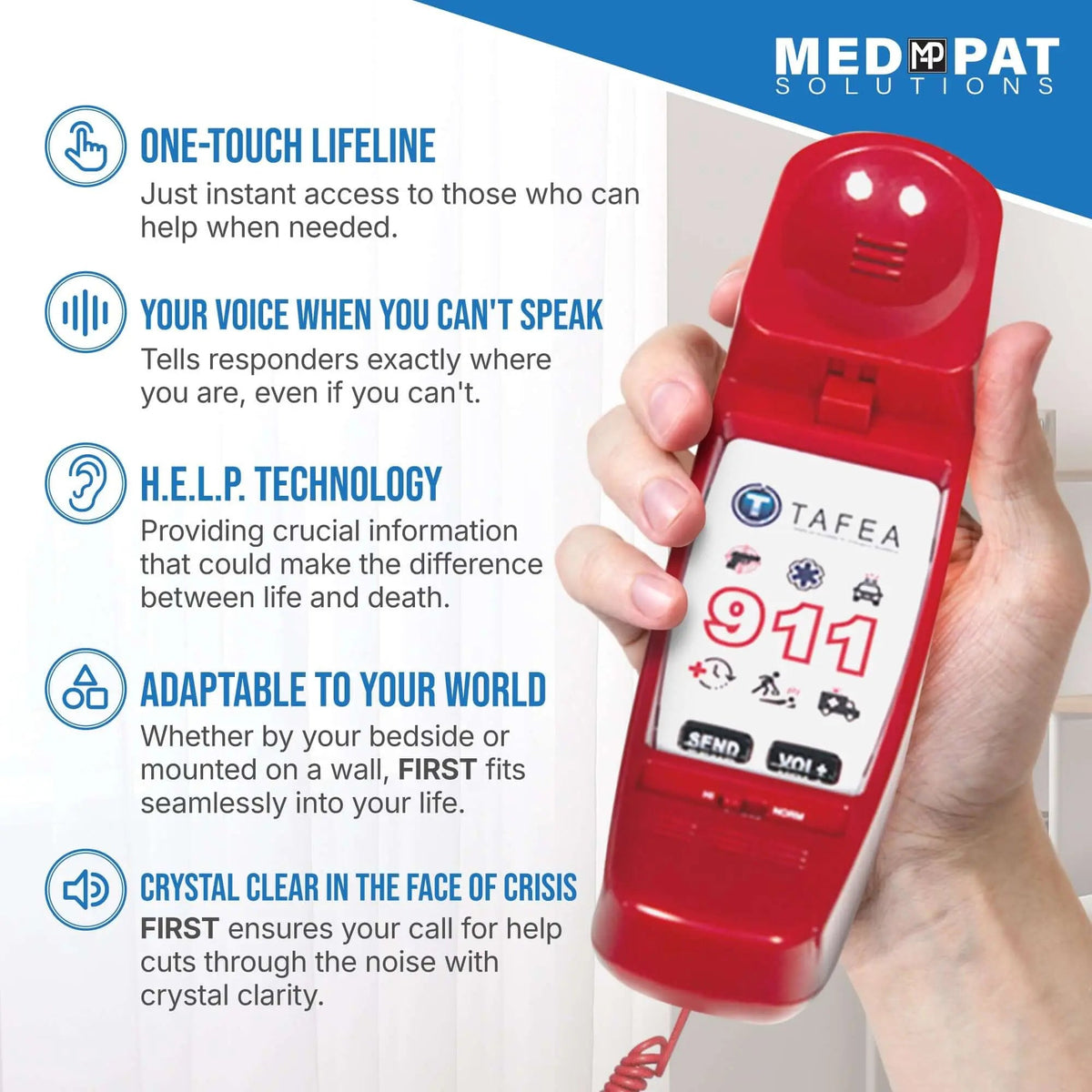 Emergency auto dialer phone by MedPat Solutions, compact device with emergency call buttons for quick access.