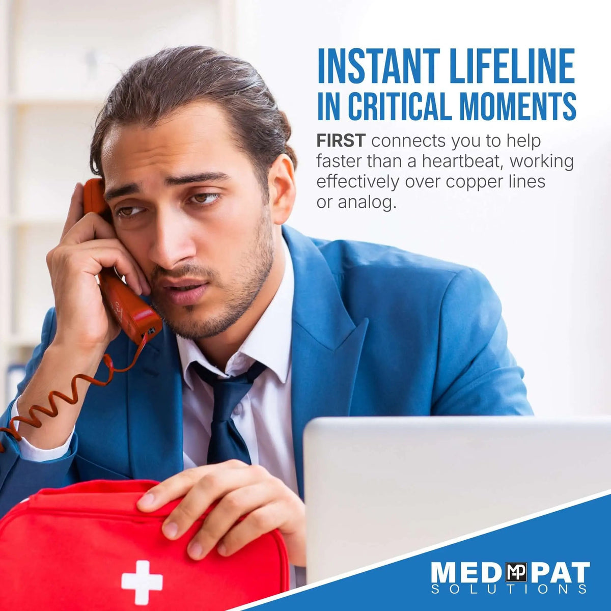 MedPat Solutions FIRST by TAFEA Emergency Auto Dialer emergency phone with large buttons and digital display for quick access.