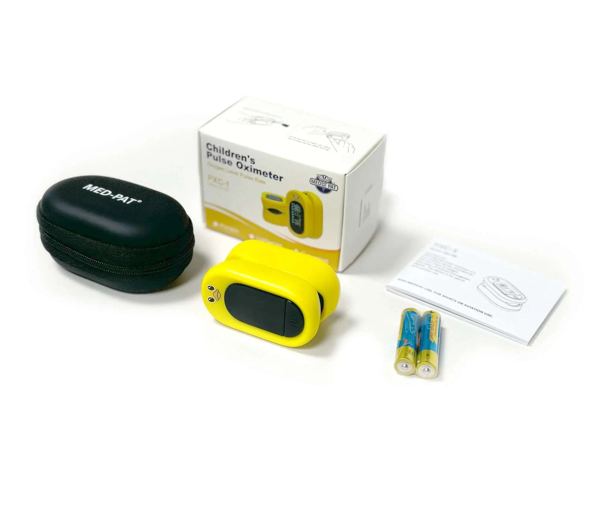 Med-Pat Ducky PXC-1 pulse oximeter showing SpO2 and pulse readings, designed for kids by MedPat Solutions.