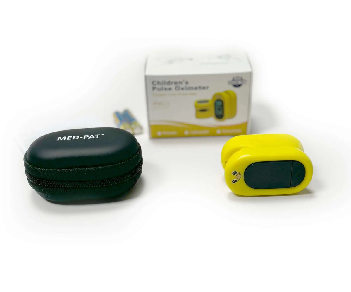 Med-Pat Ducky PXC-1 pulse oximeter showing SpO2 and pulse rate display, kid-friendly design by MedPat Solutions.