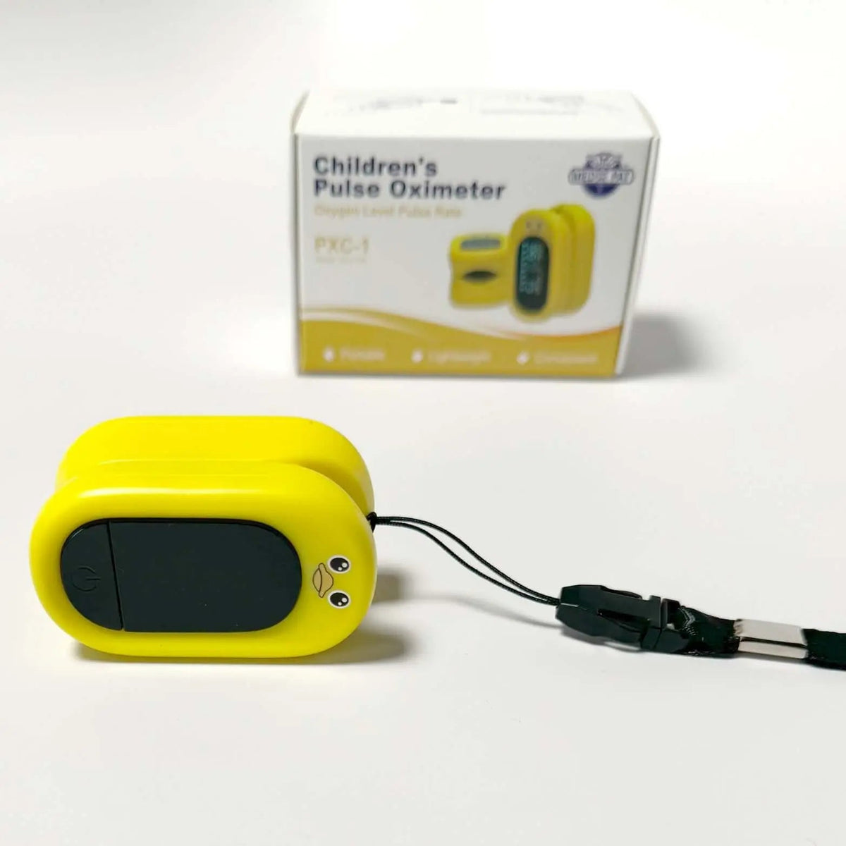Med-Pat Ducky PXC-1 pulse oximeter showing SpO2 and pulse readings with a kid-friendly design, FDA-approved.