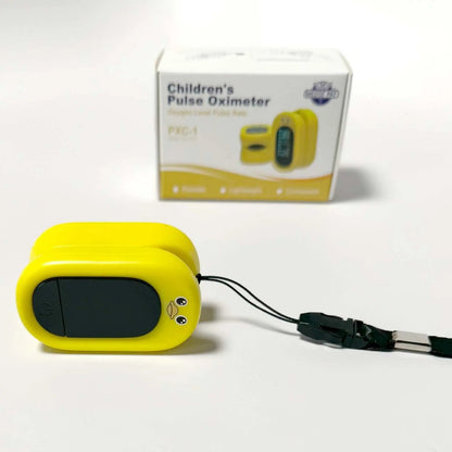 Med-Pat Ducky PXC-1 pulse oximeter showing SpO2 and pulse readings with a kid-friendly design, FDA-approved.