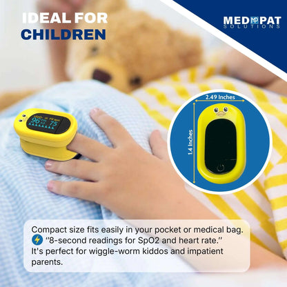 Med-Pat Ducky PXC-1 pulse oximeter showing SpO2 and pulse readings, designed for kids, FDA-approved by MedPat Solutions.