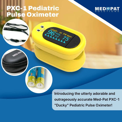 MedPat Ducky PXC-1 pulse oximeter showing SpO2 and pulse readings, kid-friendly design with a yellow duck shape.
