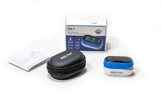 MedPat PX-1 Fingertip Pulse Oximeter showing a digital display of SpO2 and pulse rate readings, FDA-approved.