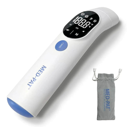MedPat TH-1 4-in-1 infrared thermometer showing digital display, used for ear and forehead temperature measurement for all ages.