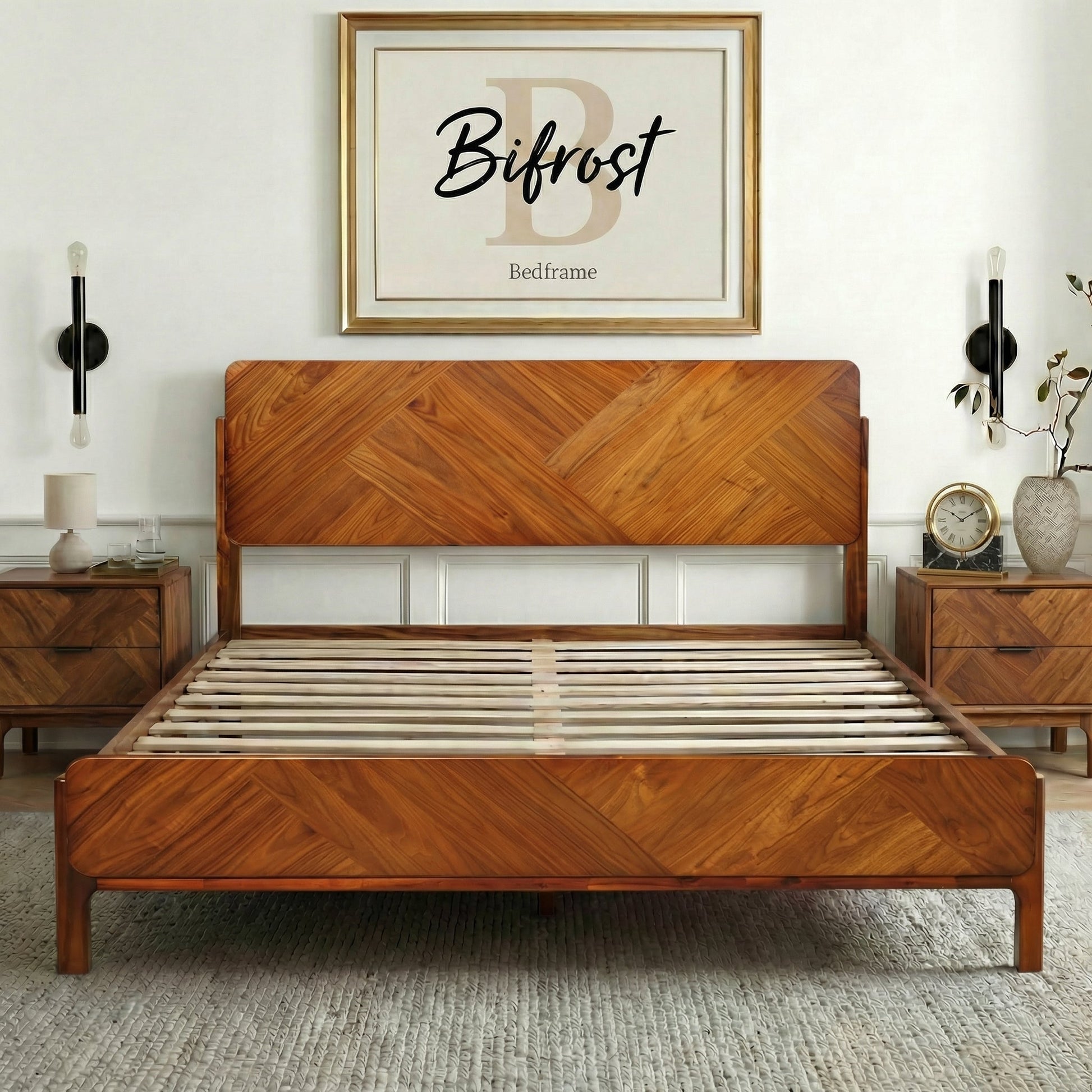 Caramel Megsu Bifrost Solid Wood King Bed Frame with sleek design and sturdy construction, shown in a well-lit bedroom setting.